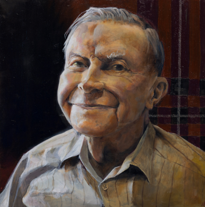 Oil portrait 'Malcolm Whyte' by Nick Mesics, Artist Choice Award winner, featuring Malcolm's smile and eyes