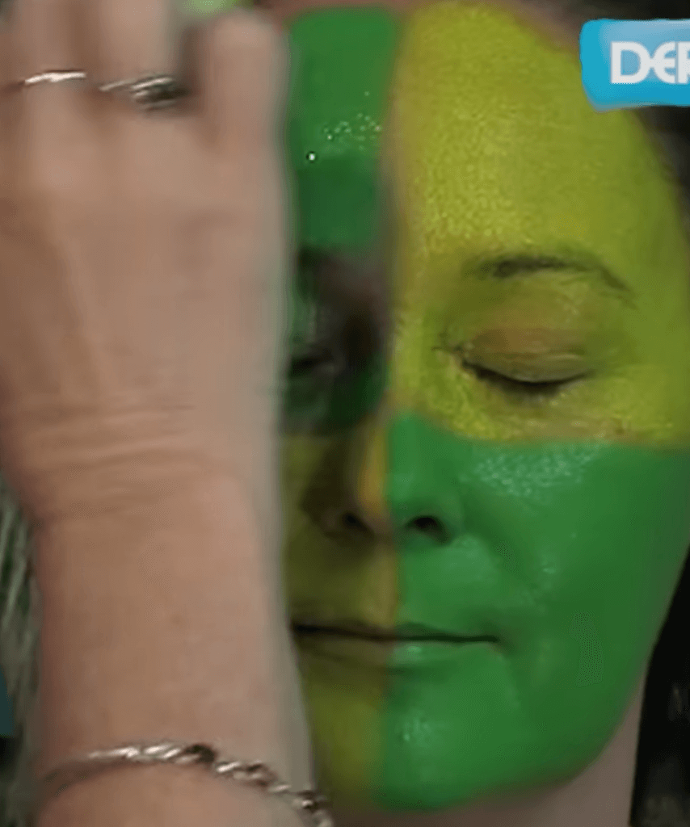 Step-by-Step how to face paint a green and gold design using