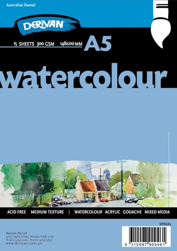 [9WPADA5]  DERIVAN WATER COLOUR PAD WHITE 300GSM 15 SHEETS A5