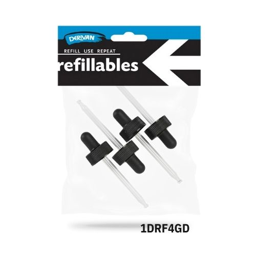 [1DRF4GD]  DERIVAN REFILLABLES 4 X GLASS DROPPER, BLACK 24MM